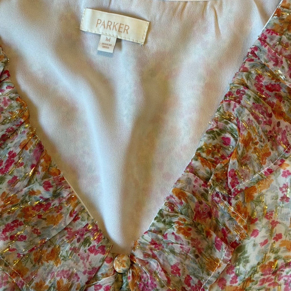 New Parker Top Multicolor Floral Ruffle Blouse with Metallic Threads - Picture 9 of 11